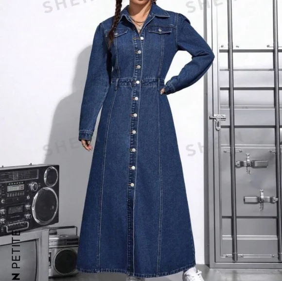 New SHEIN EZwear Flap Detail Button Front Denim Dress Size L - Picture 1 of 6